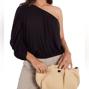 LNA BLACK ONE SHOULDER SLEEVE CROP PULLOVER OVERSIZED RELAXED FIT TOP M